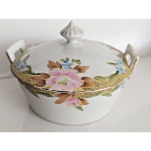 Vintage Hand Paint Gold Gilded Nippon Japan Lidded Bowl Rising Sun Mark 1920's - Picture 1 of 12